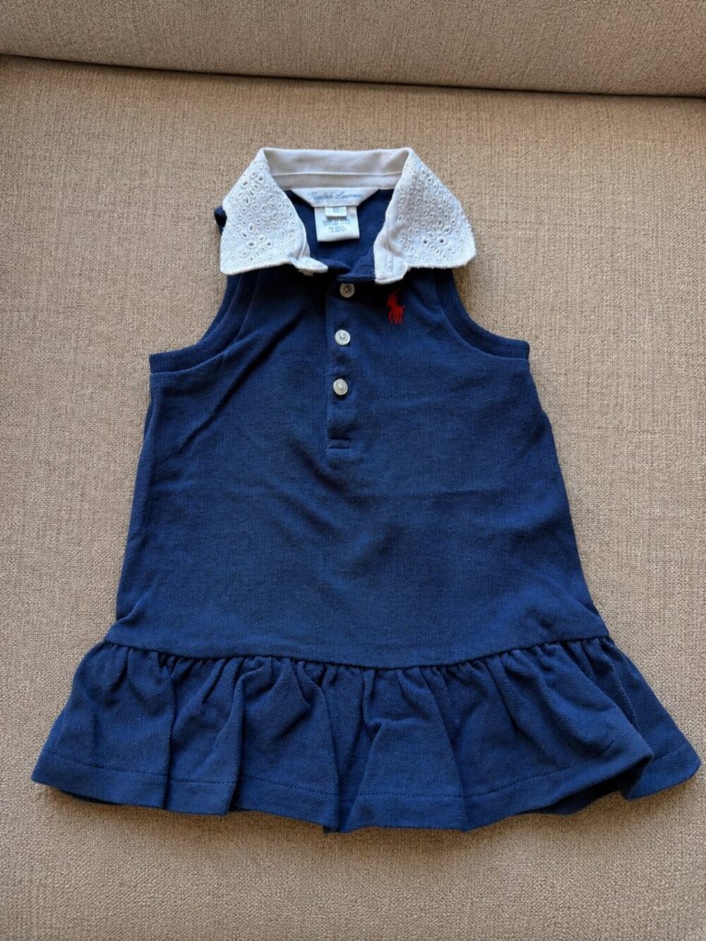 Ralph Lauren Baby Girls Navy Polo Dress Eyelet Collar 6M Ruffle Hem
